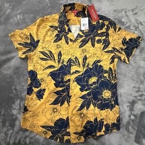GUESS Men's Floral Yellow Navy Button-Up Shirt Short Sleeve Viscose Rayon M